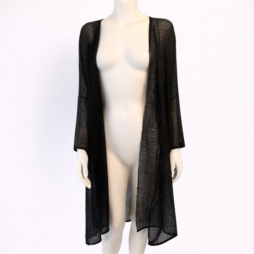 Open-Front Black Mesh Duster Long Cardigan